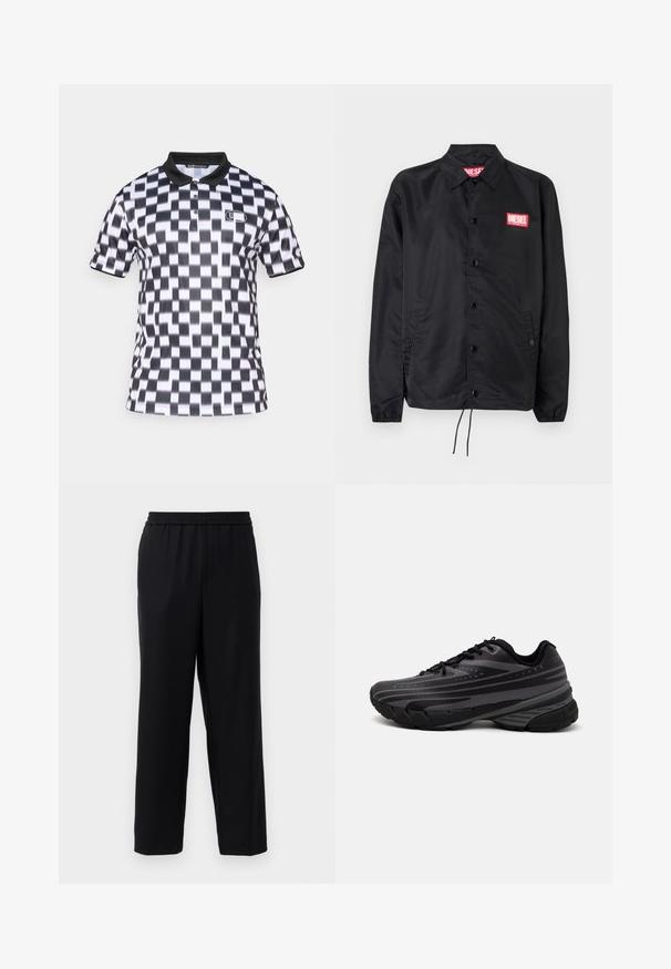 Juoda striukė, pagaminta iš lygaus, lengvo medžiagų, su mygtukų priekyje, elastinėmis rankovėmis, šoninėmis kišenėmis ir raudonu "Diesel" logotipo ženkleliu.; Trumpas rankovėmis polo marškinėliai su juodai baltu zigzagu, juodu apykakle ir prekės ženklu ant krūtinės. Minkšta medžiagos tekstūra.; Juodos kelnės su elastinga juosmens juosta, tiesaus sijono dizainu ir lygiu, lengvu audiniu. Nėra matomų kišenių ar raštų.; Juodas bėgimo batelis su tekstūruotu viršumi, kuriame yra pilkos juostos. Storas padas amortizacijai, apvalus pirštas ir plokščios raištelės tvirtam prigludimui.