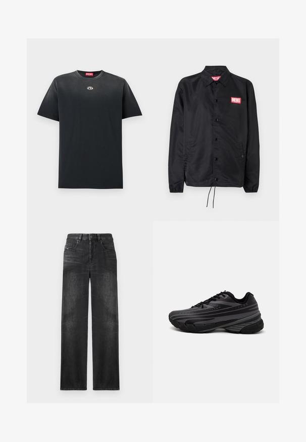 Melnā jaka no gludas, vieglas materiāla, ar pogu aizdari, elastīgām piedurknēm, sānu kabatām un sarkanu Diesel logo uzšuvumu.; Melna kokvilnas t-krekls ar apaļu kakla izgriezumu, brīvu piegriezumu, īsām piedurknēm un mazu sudraba logo uz krūtīm. Gluda tekstūra, minimāls dizains.; Melni taisni denim džinsi ar piecām kabatām, jostu cilpām un viegli izbalējušu audumu, kas piešķir struktūru.; Melnas skriešanas kurpes ar teksturētu virsu, kurai ir pelēkas svītras. Biezs zole nodrošina amortizāciju, apaļa purngalu un plakanas šņorītes, lai nodrošinātu drošu piegulšanu.