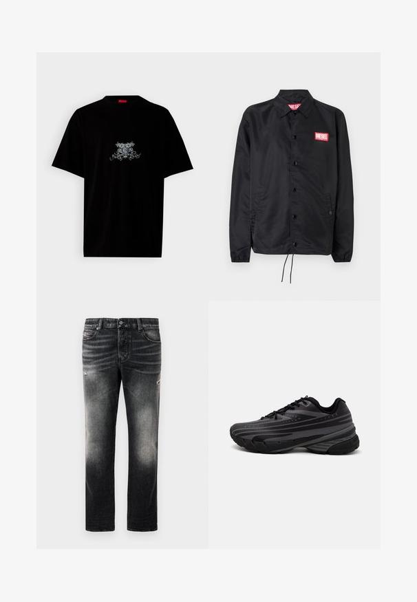 Black jacket made of smooth, lightweight material, featuring a button front, elastic cuffs, side pockets, and a red Diesel logo patch.; Black cotton t-shirt with a round neck, short sleeves, and a front graphic design in silver featuring floral and emblematic details.; Black jeans featuring a faded finish with distressed accents, standard five-pocket design, and a zip-fly closure. Made of denim fabric.; Black running shoe with a textured upper featuring gray stripes. Thick sole for cushioning, round toe, and flat laces for secure fit.