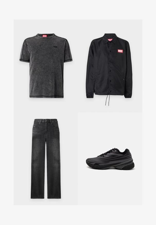 Svart jakke laget av glatt, lett materiale, med knappelukking, elastiske mansjetter, sidelommer og en rød Diesel-logo-patch.; Svart vintage-stil t-skjorte laget av mykt stoff, med rund hals, korte ermer, kontrasterende sømmer og et lite logopatch.; Sorte jeans med rett ben i denim, med fem lommer, beltehemper, og subtil fading på stoffet for tekstur.; Svarte joggesko med en teksturert overdel som har grå striper. Tykk såle for demping, rund tå og flate snører for en sikker passform.