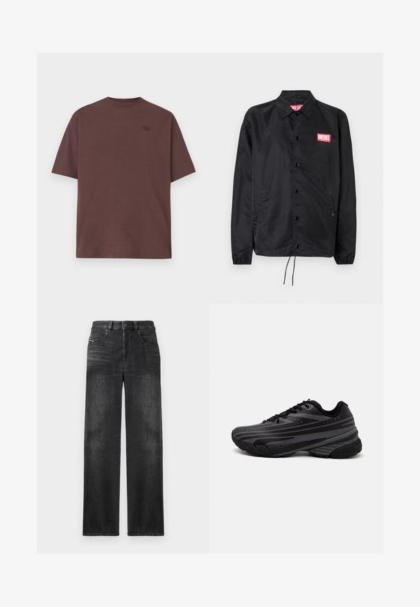 Jaqueta preta feita de material suave e leve, com fecho de botão na frente, punhos elásticos, bolsos laterais e um patch do logótipo vermelho da Diesel.; Camiseta castanha de manga curta com decote arredondado e um pequeno logótipo oval tonal no lado esquerdo do peito, apresentada sobre um fundo branco.; Calças de ganga de perna reta pretas, com cinco bolsos, passadores de cinto e um leve desbotado no tecido para textura.; Shoe de corrida preta com um cabedal texturizado apresentando riscas cinzentas. Sola grossa para amortecimento, bico redondo e atacadores planos para um ajuste seguro.