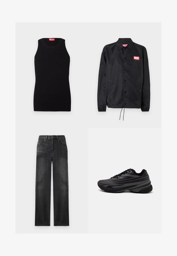 Black jacket made of smooth, lightweight material, featuring a button front, elastic cuffs, side pockets, and a red Diesel logo patch.; Black Diesel tank top with round neckline, small tonal logo on chest, and red label inside collar on a white background.; Black straight-leg jeans made of denim, featuring five pockets, belt loops, and subtle fading on the fabric for texture.; Black running shoe with a textured upper featuring gray stripes. Thick sole for cushioning, round toe, and flat laces for secure fit.