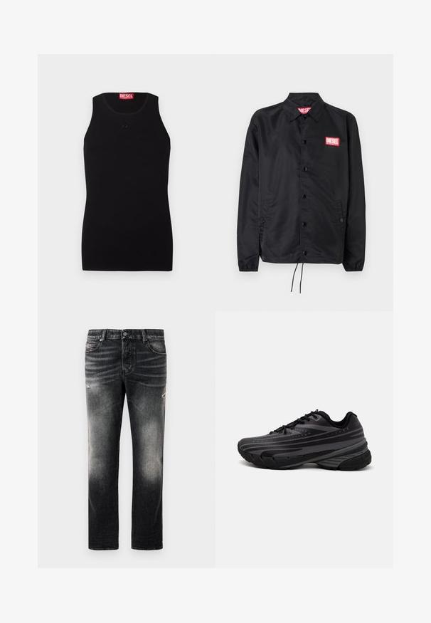 Jaqueta preta feita de material suave e leve, com fecho de botão na frente, punhos elásticos, bolsos laterais e um patch do logótipo vermelho da Diesel.; T-shirt sem mangas preta da Diesel com decote redondo, pequeno logotipo tonal no peito e etiqueta vermelha dentro do colarinho, sobre um fundo branco.; Calças jeans pretas com acabamento desbotado e detalhes desgastados, design padrão de cinco bolsos e fecho com zip. Feitas de tecido denim.; Shoe de corrida preta com um cabedal texturizado apresentando riscas cinzentas. Sola grossa para amortecimento, bico redondo e atacadores planos para um ajuste seguro.