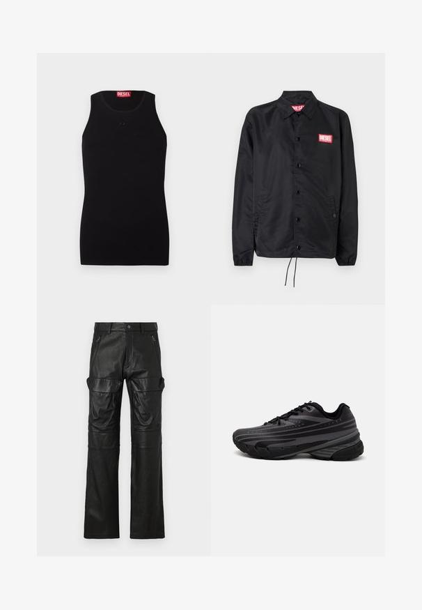Černá bunda z hladkého, lehkého materiálu, s knoflíkovou přední částí, elastickými manžetami, bočními kapsami a červenou nášivkou Diesel logo.; Černý top bez rukávů Diesel s kulatým výstřihem, malým tónovým logem na hrudi a červenou etiketou uvnitř límce na bílém pozadí.; Černé kožené kalhoty se střihem rovného nohavice, které mají dvě přední zipové kapsy a velké boční kapsy pro větší úložný prostor.; Černá běžecká bota s texturovaným svrškem zdobeným šedými pruhy. Silná podešev pro odpružení, kulatá špička a ploché tkaničky pro bezpečné uchycení.