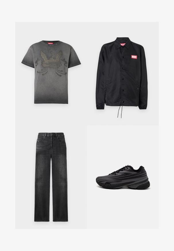 Svart jacka i ett slätt, lätt material med knappstängning, elastiska ärmslut, sidofickor och en röd Diesel-logolapp.; Grå kortärmad t-shirt i bomull, med en sliten örn grafik i en mörkare nyans, rund hals och lös passform.; Svarta rak ben-jeans i denim, med fem fickor, bälteshällor och subtila blekningar på tyget för struktur.; Svart löparsko med en texturerad ovandel och grå ränder. Tjock sula för dämpning, rund tå och platta snören för en säker passform.