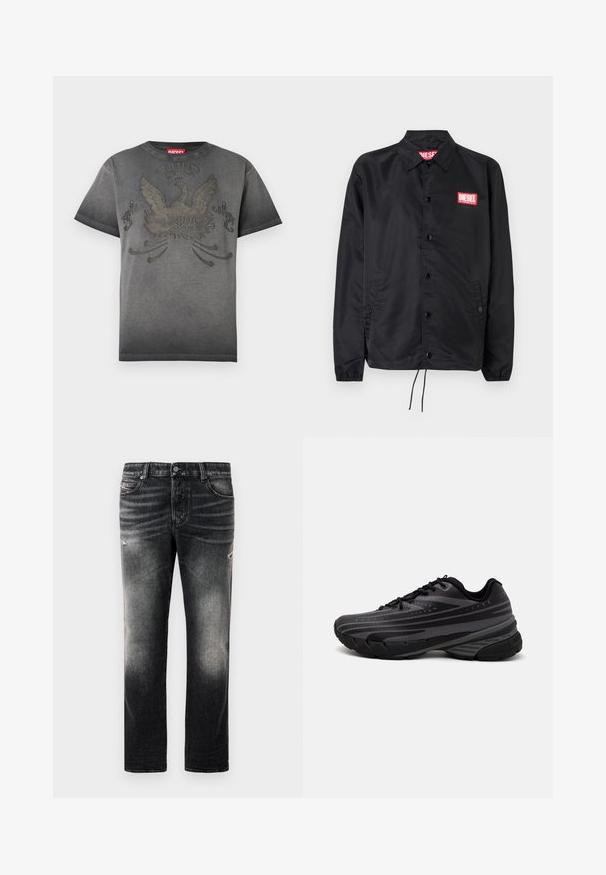 Juoda striukė, pagaminta iš lygaus, lengvo medžiagų, su mygtukų priekyje, elastinėmis rankovėmis, šoninėmis kišenėmis ir raudonu "Diesel" logotipo ženkleliu.; Pilkas trumpas rankovėmis marškinėliai, pagaminti iš medvilnės, su nusidėvėjusiu erelio grafiniu dizainu tamsesniu atspalviu, apvaliu kaklu ir laisvu siluetu.; Juodi džinsai su išblukusiu pabaiga ir nusidėvėję akcentai, standartinis penkių kišenių dizainas ir užtrauktuko uždarymas. Pagaminti iš džinsinio audinio.; Juodas bėgimo batelis su tekstūruotu viršumi, kuriame yra pilkos juostos. Storas padas amortizacijai, apvalus pirštas ir plokščios raištelės tvirtam prigludimui.