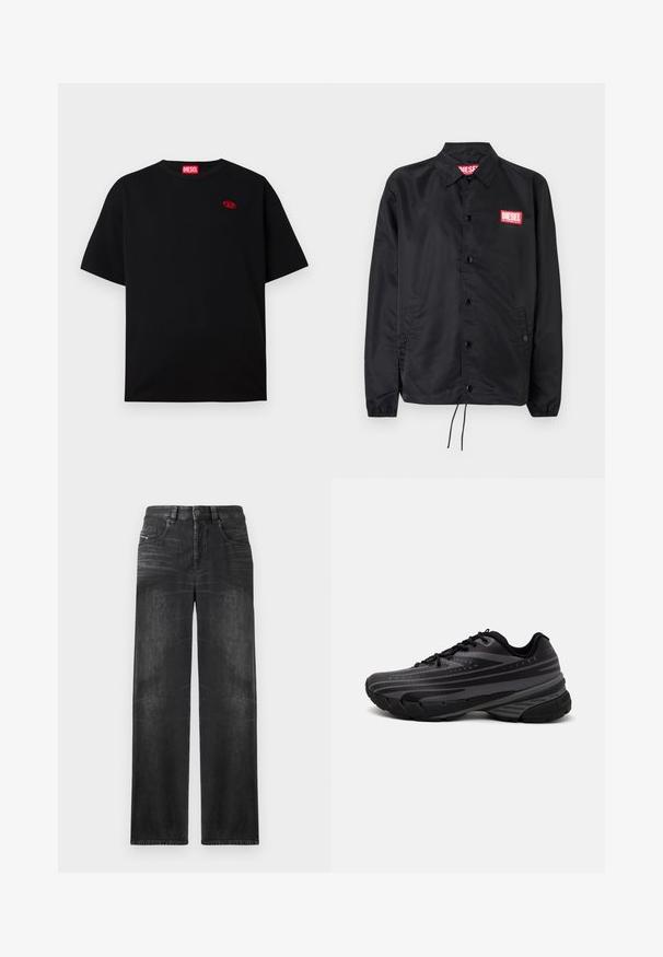 Fekete dzseki sima, könnyű anyagból, gombos elülső résszel, rugalmas mandzsettákkal, oldalsó zsebekkel és egy piros Diesel logós folttal.; Fekete pamut póló kerek nyakkal, bal mellen piros hímzett logóval. Rövid ujjú, laza fazonú, sima textúrájú.; Fekete egyenes szabású farmernadrág, öt zsebbel, övhurkokkal, és finom fakó foltokkal az anyagon a textúra érdekében.; Fekete futócipő texturált felsőrésszel, szürke csíkokkal. Vastag talp a párnázottságért, kerek orr, és lapos fűzők a biztos illeszkedés érdekében.