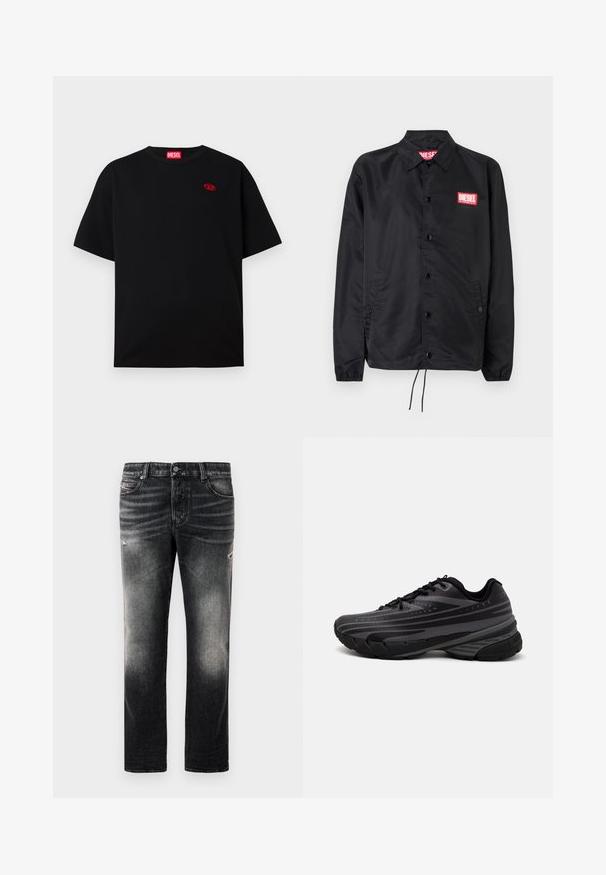 Fekete dzseki sima, könnyű anyagból, gombos elülső résszel, rugalmas mandzsettákkal, oldalsó zsebekkel és egy piros Diesel logós folttal.; Fekete pamut póló kerek nyakkal, bal mellen piros hímzett logóval. Rövid ujjú, laza fazonú, sima textúrájú.; Fekete farmernadrág, amely elhasználódott hatású és kopott részletekkel rendelkezik, klasszikus öt zsebes dizájnnal és cipzáras záródással. Denim anyagból készült.; Fekete futócipő texturált felsőrésszel, szürke csíkokkal. Vastag talp a párnázottságért, kerek orr, és lapos fűzők a biztos illeszkedés érdekében.