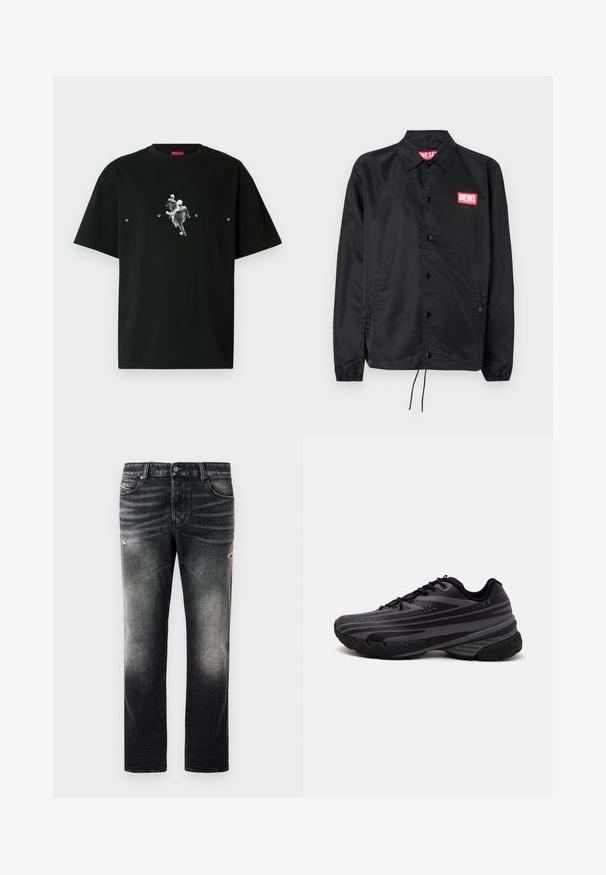 Zwarte jack van soepel, lichtgewicht materiaal, met een knoopsluiting, elastische manchetten, zijzakken en een rood Diesel logo patch.; Zwart katoenen T-shirt met een afbeelding van twee figuren in beweging, met het woord "HUGO" in witte letters onder het ontwerp. Korte mouwen, ronde hals.; Zwarte jeans met een vervaagde afwerking en versleten accenten, standaard vijf-pocket ontwerp en een ritssluiting. Gemaakt van denimstof.; Zwarte hardloopschoen met een gestructureerde bovenkant met grijze strepen. Dikke zool voor demping, ronde neus en platte veters voor een veilige pasvorm.