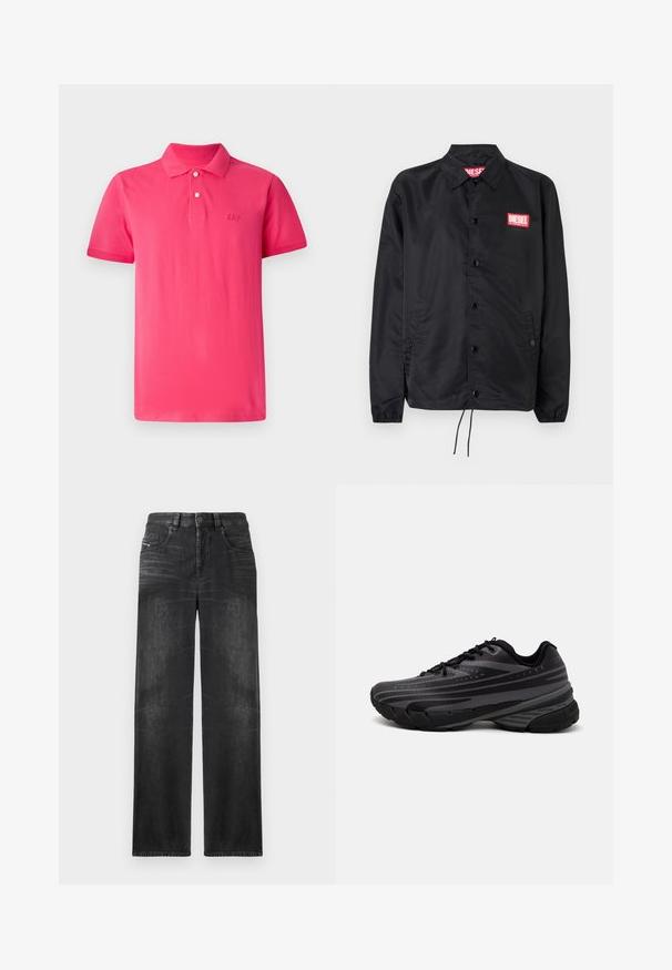 Schwarze Jacke aus glattem, leichtem Material mit Knopfriegel, elastischen Bündchen, seitlichen Taschen und einem roten Diesel-Logo-Patch.; Helles pinkes Poloshirt aus Baumwolle, mit klassischem Kragen, einer Drei-Knopf-Leiste und dem auf der Brust gestickten 'GAP'-Logo.; Schwarze gerade Jeans aus Denim, mit fünf Taschen, Gürtelschlaufen und subtiler Ausbleichung des Stoffes für Textur.; Schwarzer Laufschuh mit einem strukturierten Obermaterial, das graue Streifen aufweist. Dicke Sohle zur Dämpfung, runder Zehenbereich und flache Schnürsenkel für einen sicheren Sitz.