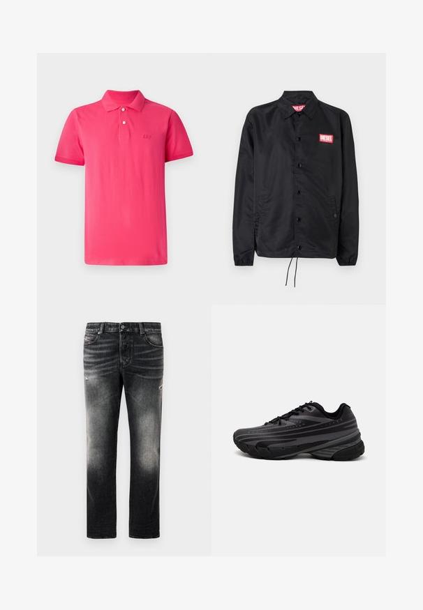 Crna jakna od glatkog, laganog materijala, s prednjim kopčanjem na dugmad, elastičnim manžetama, bočnim džepovima i crvenim Diesel logotipom.; Živahno ružičasta polo majica od pamuka, s klasičnim ovratnikom, placketom s tri gumba i izvezenim logotipom 'GAP' na prsima.; Crne traperice s izblijedjelim finišom i istrošenim detaljima, standardnim dizajnom s pet džepova i zatvaračem. Izrađene od traper tkanine.; Crna tenisica za trčanje s teksturiranim gornjim dijelom koji ima sive pruge. Debeli potplat za amortizaciju, okrugli vrh i ravne vezice za sigurno pristajanje.