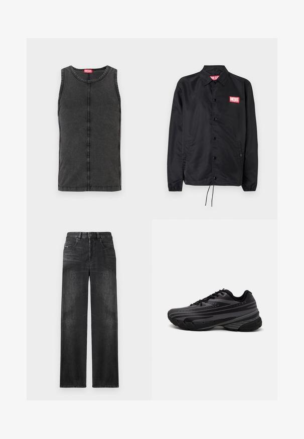 Svart jakke laget av glatt, lett materiale, med knappelukking, elastiske mansjetter, sidelommer og en rød Diesel-logo-patch.; Ermeløs svart denim tank topp med rund halsutringning, synlige sømdetaljer, og et rødt merke ved kragen.; Sorte jeans med rett ben i denim, med fem lommer, beltehemper, og subtil fading på stoffet for tekstur.; Svarte joggesko med en teksturert overdel som har grå striper. Tykk såle for demping, rund tå og flate snører for en sikker passform.