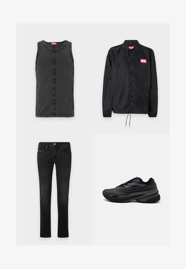 Čierna bunda vyrobená z hladkého, ľahkého materiálu, s predným zapínaním na gombíky, elastickými manžetami, bočnými vreckami a červeným logom Diesel na nášivke.; Bezramenný čierny denimbový top s okrúhlym výstrihom, odhalenými švami a červenou značkovou etiketou na golieri.; Čierne denimové džínsy s rovnou nohou, s prednými a zadnými vreckami, jemným zosvetlením a kovovým zapínaním.; Čierna bežecká obuv s textúrovaným zvrškom, ktorý má šedé pruhy. Hrubá podrážka pre odpruženie, okrúly špička a ploché šnúrky na bezpečné uchytenie.