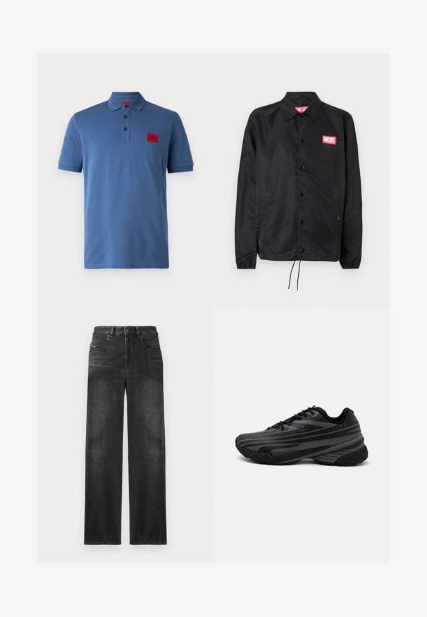 Svart jacka i ett slätt, lätt material med knappstängning, elastiska ärmslut, sidofickor och en röd Diesel-logolapp.; Blå polo med slät tyg. Har krage, treknappslå och en röd logotyp på vänster bröst. Korta ärmar.; Svarta rak ben-jeans i denim, med fem fickor, bälteshällor och subtila blekningar på tyget för struktur.; Svart löparsko med en texturerad ovandel och grå ränder. Tjock sula för dämpning, rund tå och platta snören för en säker passform.