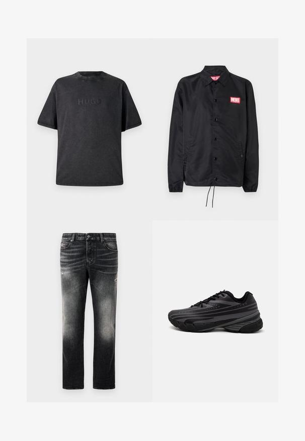 Black jacket made of smooth, lightweight material, featuring a button front, elastic cuffs, side pockets, and a red Diesel logo patch.; Black short-sleeved t-shirt made of cotton with a round neckline. Features a debossed "HUGO" logo at the front. Smooth texture with stitching details.; Black jeans featuring a faded finish with distressed accents, standard five-pocket design, and a zip-fly closure. Made of denim fabric.; Black running shoe with a textured upper featuring gray stripes. Thick sole for cushioning, round toe, and flat laces for secure fit.