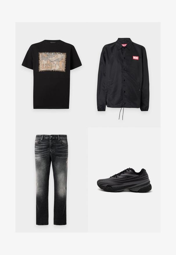 Black jacket made of smooth, lightweight material, featuring a button front, elastic cuffs, side pockets, and a red Diesel logo patch.; Black cotton t-shirt featuring a textured, rectangular graphic print in beige and blue, with "GUESS" and "LOS ANGELES" text in bold white.; Black jeans featuring a faded finish with distressed accents, standard five-pocket design, and a zip-fly closure. Made of denim fabric.; Black running shoe with a textured upper featuring gray stripes. Thick sole for cushioning, round toe, and flat laces for secure fit.