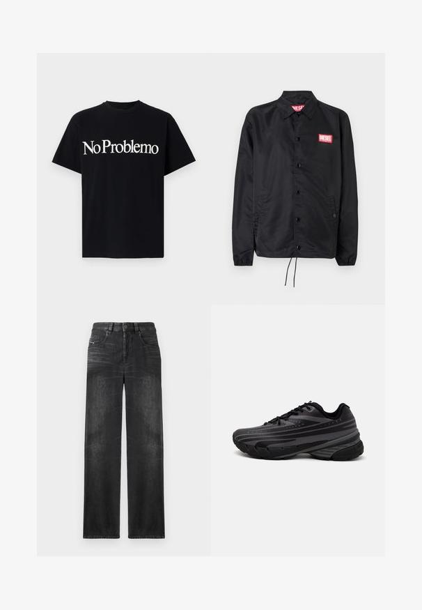Black jacket made of smooth, lightweight material, featuring a button front, elastic cuffs, side pockets, and a red Diesel logo patch.; Black cotton t-shirt featuring short sleeves and a crew neck. Front text reads "No Problemo" in large white font.; Black straight-leg jeans made of denim, featuring five pockets, belt loops, and subtle fading on the fabric for texture.; Black running shoe with a textured upper featuring gray stripes. Thick sole for cushioning, round toe, and flat laces for secure fit.