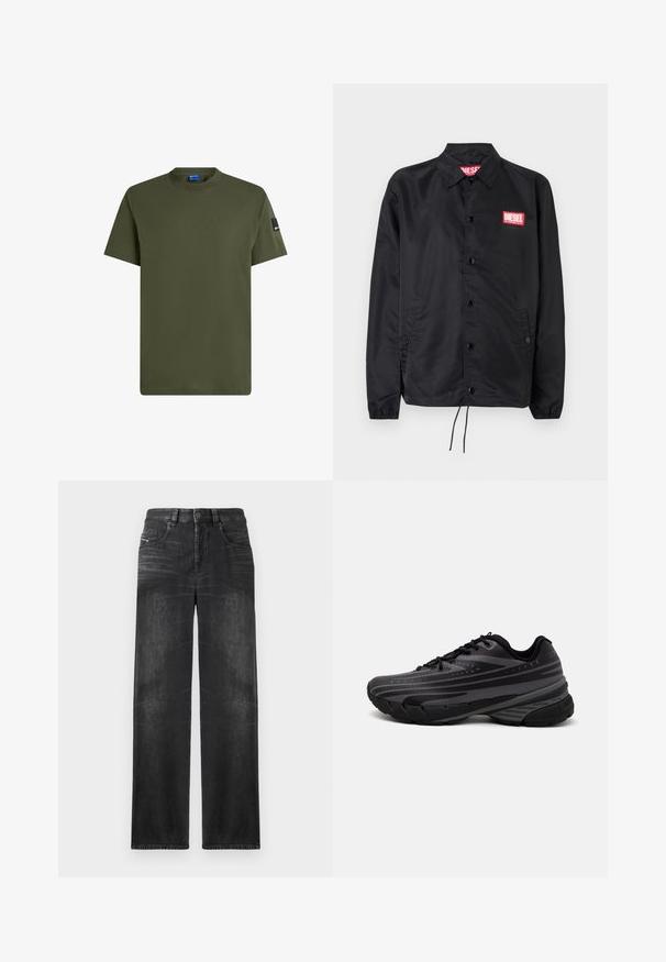 Giacca nera realizzata in materiale liscio e leggero, con chiusura a bottoni, polsini elasticizzati, tasche laterali e una patch con il logo rosso Diesel.; T-shirt a maniche corte verde oliva in cotone. Presenta un collo rotondo e un'etichetta nera piccola sulla manica sinistra. Texture liscia.; Jeans neri a gamba dritta realizzati in denim, dotati di cinque tasche, passanti per cintura e sfumature sottili sul tessuto per un effetto texture.; Scarpa da corsa nera con un upper testurizzato e strisce grigie. Suola spessa per un'ammortizzazione ottimale, punta rotonda e lacci piatti per una vestibilità sicura.