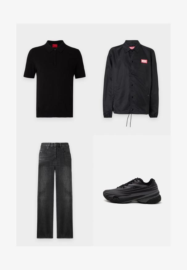 Zwarte jack van soepel, lichtgewicht materiaal, met een knoopsluiting, elastische manchetten, zijzakken en een rood Diesel logo patch.; Zwarte poloshirt van gladde katoen. Met een klassieke kraag, korte mouwen en een rood label op de hals. Geen patronen of accenten.; Zwarte rechte jeans van denim, met vijf zakken, riemlussen en subtiele vervaging op de stof voor textuur.; Zwarte hardloopschoen met een gestructureerde bovenkant met grijze strepen. Dikke zool voor demping, ronde neus en platte veters voor een veilige pasvorm.