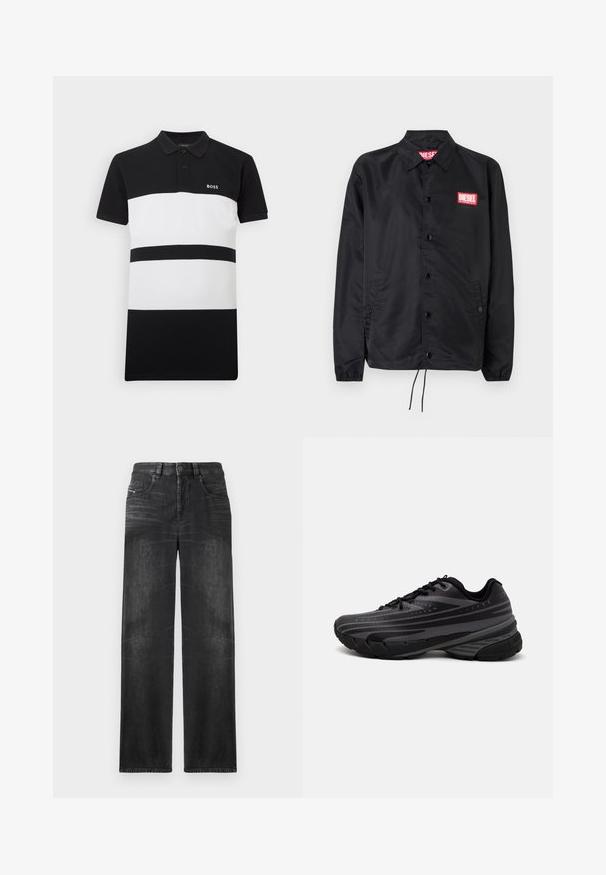 Sort jakke lavet af glat, let materiale, med knaplukning fortil, elastiske manchetter, sidelommer og et rødt Diesel-logo patch.; Sort og hvidstribet polo-shirt med krave, der har to store vandrette striber og et lille broderet logo på brystet.; Sorte straight-leg jeans lavet af denim, med fem lommer, bæltestropper og subtil falmning på stoffet for tekstur.; Sort løbesko med en struktureret overdel og grå striber. Tykk sål for støddæmpning, rund tå og flade snørebånd for et sikkert fit.