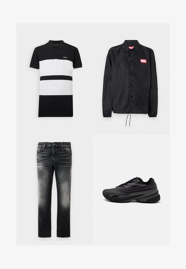 Musta takki, joka on valmistettu sileästä, kevyestä materiaalista. Takissa on nappiaukko, joustavat hihansuut, sivutaskut ja punainen Diesel-logo-patch.; Valkoinen ja musta raidallinen polo-paita, jossa on kaulus, sisältäen kaksi suurta vaakaraitaa ja pienen brodeeratun logon rinnassa.; Mustat farkut, joissa on haalistunut pinta ja kulutettuja yksityiskohtia, tavallinen viisi-taskuinen malli ja vetoketjusulku. Valmistettu farkkukankaasta.; Mustat juoksukengät, joissa on tekstuuri päällä ja harmaat raidat. Paksu pohja pehmustetta varten, pyöreä varvasosa ja tasaiset nauhat turvallista istuvuutta varten.