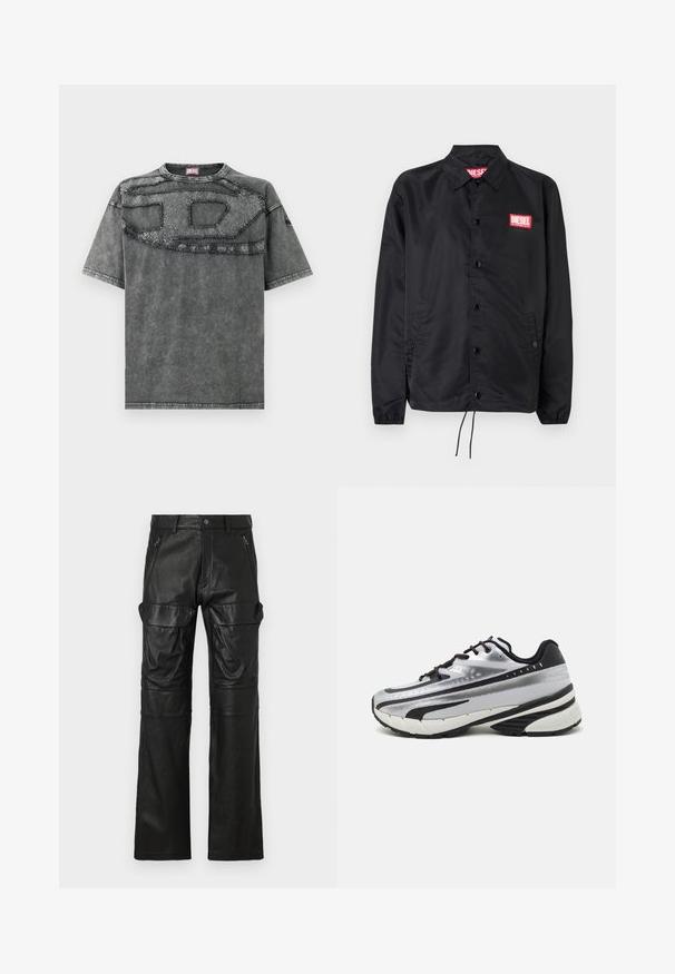 Melnā jaka no gludas, vieglas materiāla, ar pogu aizdari, elastīgām piedurknēm, sānu kabatām un sarkanu Diesel logo uzšuvumu.; Pelēks īsroku džinsa krekls ar strukturētu plāksteru dizainu krūšu daļā un smalkām nodiluma detaļām uz auduma.; Melna ādas bikses ar taisnas kājas dizainu, kurām ir divi priekšējie rāvējslēdzēja kabatas un lielas sānu kabatas papildu uzglabāšanai.; Skriešanas apavi ar sudraba acs augšdaļu, melniem akcentiem un baltu zolīti. Iezīmējas ar teksturētu dizainu un melnām auklām. Vieglie un mīkstie.