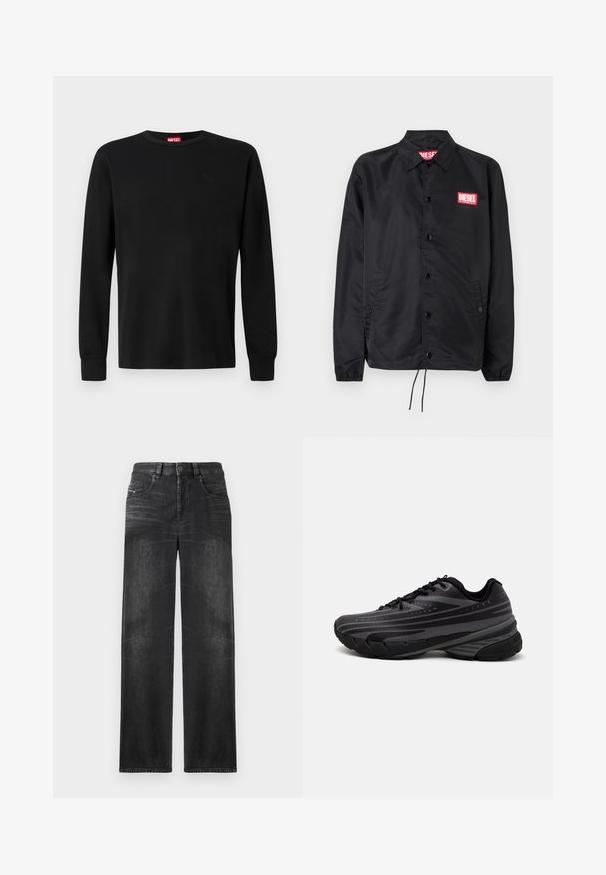 Black jacket made of smooth, lightweight material, featuring a button front, elastic cuffs, side pockets, and a red Diesel logo patch.; Black long-sleeve t-shirt made of soft fabric, featuring a round neckline and a subtle logo in black on the chest. Plain design, regular fit.; Black straight-leg jeans made of denim, featuring five pockets, belt loops, and subtle fading on the fabric for texture.; Black running shoe with a textured upper featuring gray stripes. Thick sole for cushioning, round toe, and flat laces for secure fit.