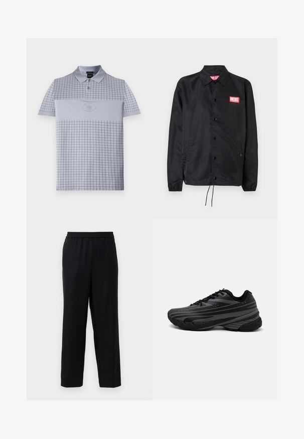 Schwarze Jacke aus glattem, leichtem Material mit Knopfriegel, elastischen Bündchen, seitlichen Taschen und einem roten Diesel-Logo-Patch.; Hellgraues Poloshirt mit Karomuster, zwei Knöpfen und einem runden Logo. Hergestellt aus einem glatten, atmungsaktiven Stoff.; Schwarze Hose mit elastischem Bund, geradem Beinschnitt und einem glatten, leichten Stoff. Keine sichtbaren Taschen oder Muster.; Schwarzer Laufschuh mit einem strukturierten Obermaterial, das graue Streifen aufweist. Dicke Sohle zur Dämpfung, runder Zehenbereich und flache Schnürsenkel für einen sicheren Sitz.