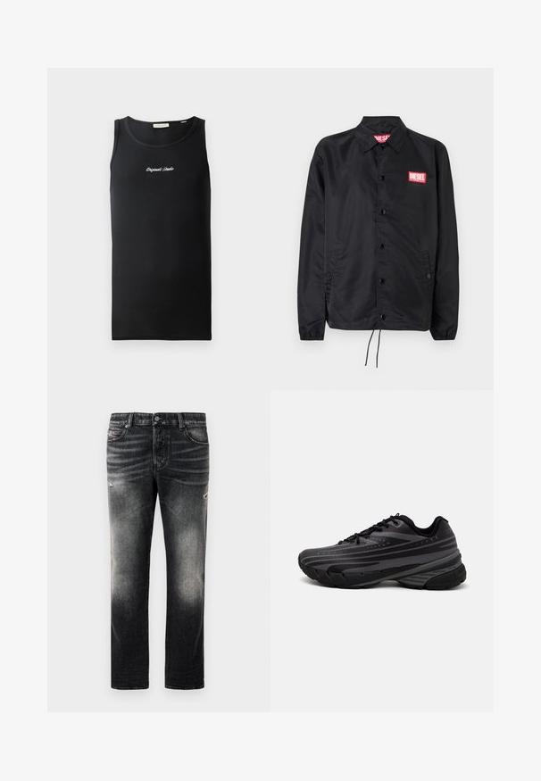 Must must, misasest kergest ja siledast materjalist, nupuvälinge, elastsete mansettide, küljetaskute ning punase Diesel logo plaastriga.; Must have t-särk ribblikud riidest. Omab ümarat kaelust ja väike valge "Originals Studio" logo rinnal.; Mustad mustast denimist valmistatud teksad, millel on kulunud viimistlus ja kulumine, tavaline viie tasku disain ning tõmblukuga sulgemine.; Mustad musta jooksujalats, mille tekstureeritud ülemine osa on hallide triipudega. Paks tallaga mugavuse tagamiseks, ümar varvas ja tasased paelad kindla istuvuse saavutamiseks.