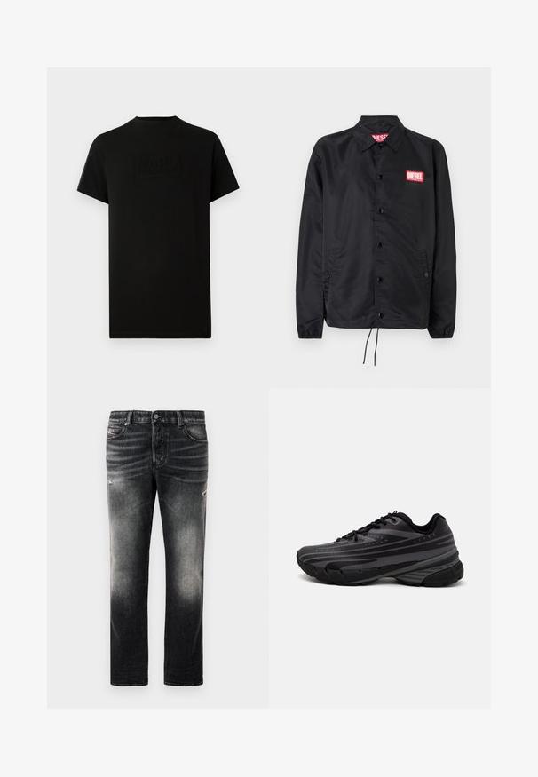 Černá bunda z hladkého, lehkého materiálu, s knoflíkovou přední částí, elastickými manžetami, bočními kapsami a červenou nášivkou Diesel logo.; Černé krátké rukávy tričko s kulatým výstřihem, na kterém je uprostřed hrudi vystouplý nápis "KARL LAGERFELD".; Černé džíny s vybledlým vzhledem a odřenými detaily, standardní design s pěti kapsami a zipovým zapínáním. Vyrobeny z džínové látky.; Černá běžecká bota s texturovaným svrškem zdobeným šedými pruhy. Silná podešev pro odpružení, kulatá špička a ploché tkaničky pro bezpečné uchycení.