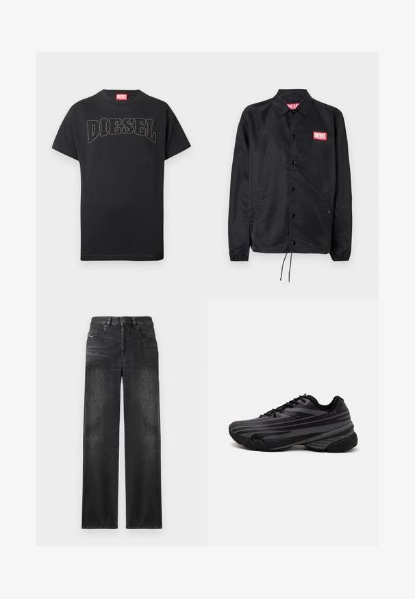 Juoda striukė, pagaminta iš lygaus, lengvo medžiagų, su mygtukų priekyje, elastinėmis rankovėmis, šoninėmis kišenėmis ir raudonu "Diesel" logotipo ženkleliu.; Juoda trumpomis rankovėmis marškinėliai su išlenktu siuvinėtu užrašu „DIESEL“ ant krūtinės ir raudonu ženkliuku vidinėje kaklo apačioje.; Juodos tiesios kojų džinsai, pagaminti iš džinsinio audinio, su penkiomis kišenėmis, diržo kilpomis ir švelniu audinio blukimu, kuris suteikia tekstūrą.; Juodas bėgimo batelis su tekstūruotu viršumi, kuriame yra pilkos juostos. Storas padas amortizacijai, apvalus pirštas ir plokščios raištelės tvirtam prigludimui.