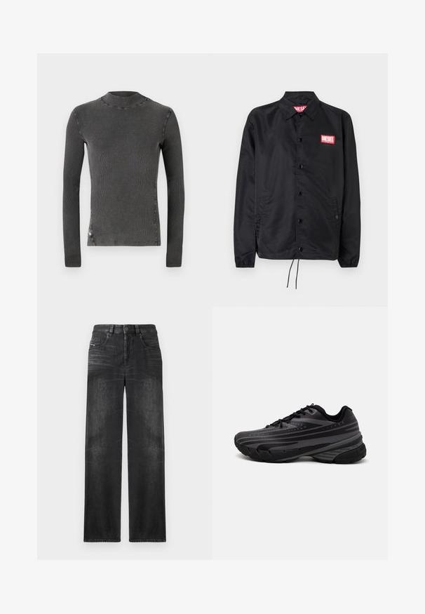 Čierna bunda vyrobená z hladkého, ľahkého materiálu, s predným zapínaním na gombíky, elastickými manžetami, bočnými vreckami a červeným logom Diesel na nášivke.; Sivý dlhý rukáv top s vysokým výstrihom. Vyrobený z rebrovanej tkaniny s viditeľnými švovými detailmi pozdĺž švov. Jednoduchý dizajn, bez vzorov.; Čierne rovné džínsy z denimu, s piatimi vreckami, pútkami na opasok a jemným vyblednutím na látke pre textúru.; Čierna bežecká obuv s textúrovaným zvrškom, ktorý má šedé pruhy. Hrubá podrážka pre odpruženie, okrúly špička a ploché šnúrky na bezpečné uchytenie.