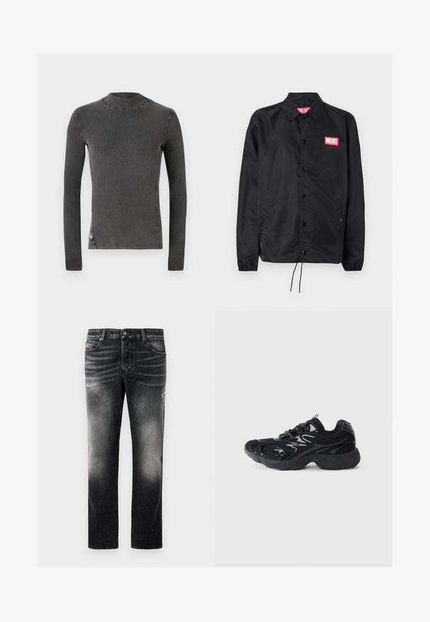 Zwarte jack van soepel, lichtgewicht materiaal, met een knoopsluiting, elastische manchetten, zijzakken en een rood Diesel logo patch.; Grijze lange mouw top met een hoge hals. Gemaakt van ribbelstof met zichtbare stikdetails langs de naden. Eenvoudig ontwerp, geen patronen.; Zwarte jeans met een vervaagde afwerking en versleten accenten, standaard vijf-pocket ontwerp en een ritssluiting. Gemaakt van denimstof.; Zwarte sportschoen van mesh materiaal en synthetische accenten, ronde neus, gestructureerde zool en contrasterende glanzende details op de bovenkant.
