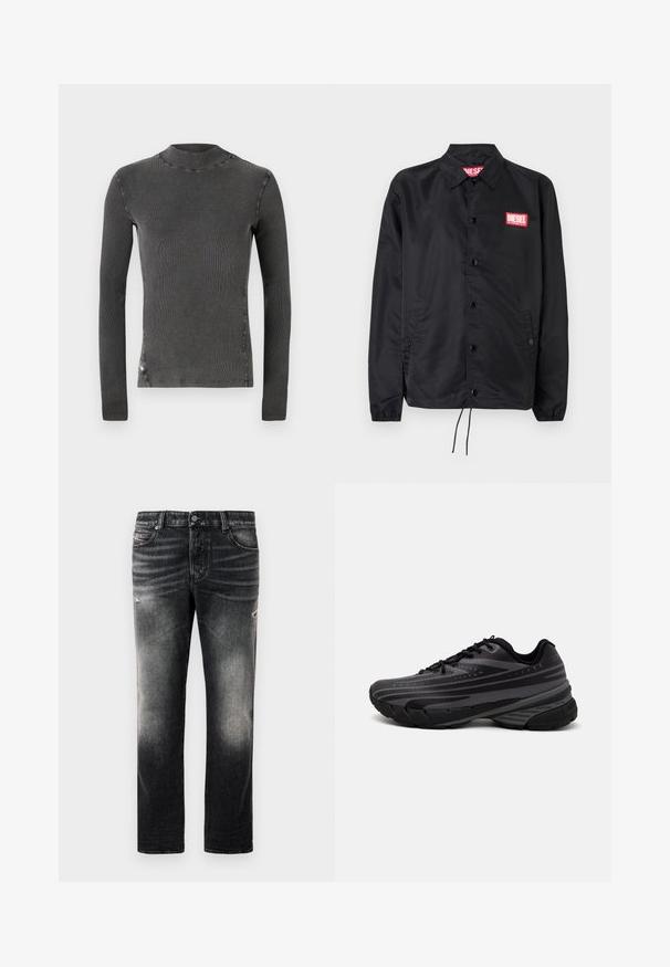 Giacca nera realizzata in materiale liscio e leggero, con chiusura a bottoni, polsini elasticizzati, tasche laterali e una patch con il logo rosso Diesel.; Maglia grigia a maniche lunghe con collo alto. Realizzata in tessuto a costine con cuciture visibili lungo le cuciture. Design semplice, senza motivi.; Jeans neri con una finitura sbiadita e dettagli strappati, design standard a cinque tasche e chiusura con zip. Realizzati in tessuto denim.; Scarpa da corsa nera con un upper testurizzato e strisce grigie. Suola spessa per un'ammortizzazione ottimale, punta rotonda e lacci piatti per una vestibilità sicura.