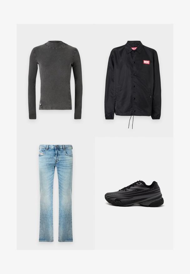 Jachetă neagră dintr-un material neted și ușor, cu închidere prin butoane, manșete elastice, buzunare laterale și o etichetă roșie cu logo-ul Diesel.; Tricou gri cu mâneci lungi și guler înalt. Fabricat din material ribat cu detalii de cusătură vizibile pe marginile cusăturilor. Design simplu, fără motive.; Jeans din denim de culoare albastră deschisă, cu croială dreaptă, design cu cinci buzunare și ușoară decolorare. Include închidere cu buton metalic și fermoar.; Pantof de alergare negru cu un superior texturat, având dungi gri. Talpă groasă pentru amortizare, vârf rotund și șireturi plate pentru o potrivire sigură.
