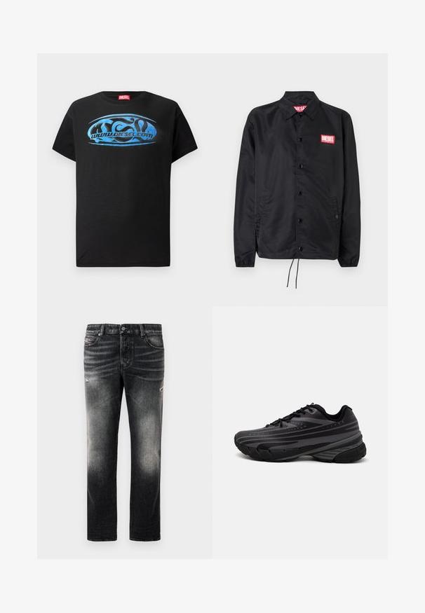 Svart jakke laget av glatt, lett materiale, med knappelukking, elastiske mansjetter, sidelommer og en rød Diesel-logo-patch.; Svart kortermet t-skjorte laget av bomull, med et blått grafisk logo design og teksten "www.diesel.com" på forsiden.; Sorte jeans med en falmet finish og slidte detaljer, standard fem-lomme-design og glidelås foran. Laget av denimstoff.; Svarte joggesko med en teksturert overdel som har grå striper. Tykk såle for demping, rund tå og flate snører for en sikker passform.
