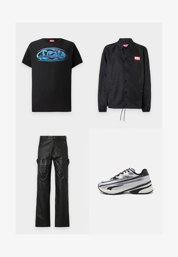 Melnā jaka no gludas, vieglas materiāla, ar pogu aizdari, elastīgām piedurknēm, sānu kabatām un sarkanu Diesel logo uzšuvumu.; Melnā īsās piedurkņu krekls, kas izgatavots no kokvilnas, ar zilu grafisko logo dizainu un tekstu "www.diesel.com" uz priekšpuses.; Melna ādas bikses ar taisnas kājas dizainu, kurām ir divi priekšējie rāvējslēdzēja kabatas un lielas sānu kabatas papildu uzglabāšanai.; Skriešanas apavi ar sudraba acs augšdaļu, melniem akcentiem un baltu zolīti. Iezīmējas ar teksturētu dizainu un melnām auklām. Vieglie un mīkstie.