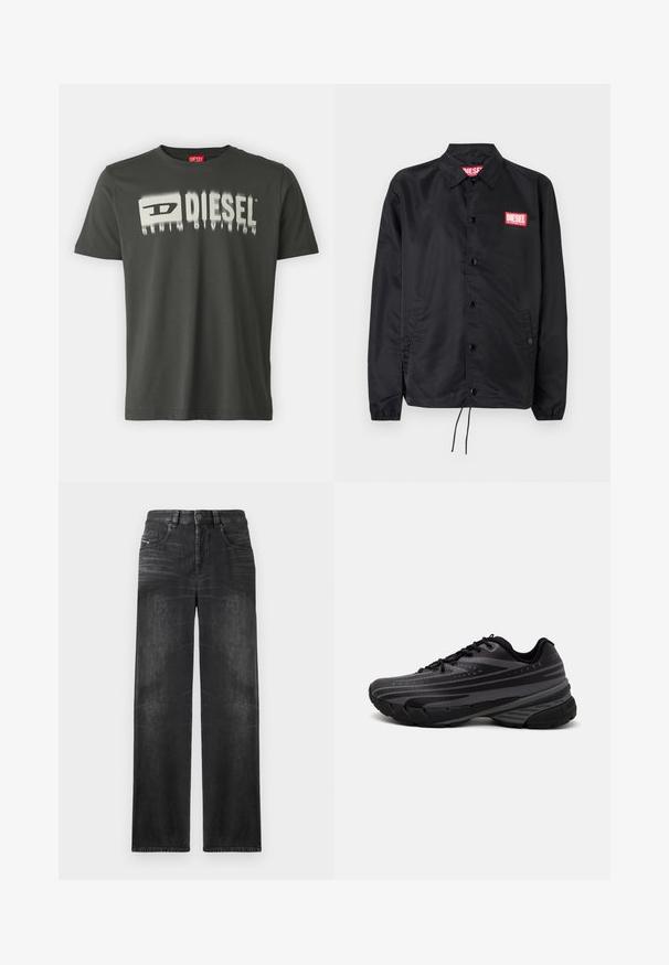 Črna jakna iz gladkega, lahkega materiala, z gumbnim zapiranjem, elastičnimi manšetami, stranskimi žepi in rdečim logotipom Diesel.; Temno siva bomba majica iz bombaža z belim grafičnim napisom "DIESEL" z zamegljenim učinkom. Okrugel izrez, kratki rokavi in redna prileganje.; Črne ravne kavbojke iz denima, ki imajo pet žepov, pasne zanke in subtilno zbledelost na tkanini za teksturo.; Črne tekaške copate z teksturiranim zgornjim delom, ki ima sive črte. Debel podplat za blaženje udarcev, okrogla konica in ravne vezalke za varen oprijem.