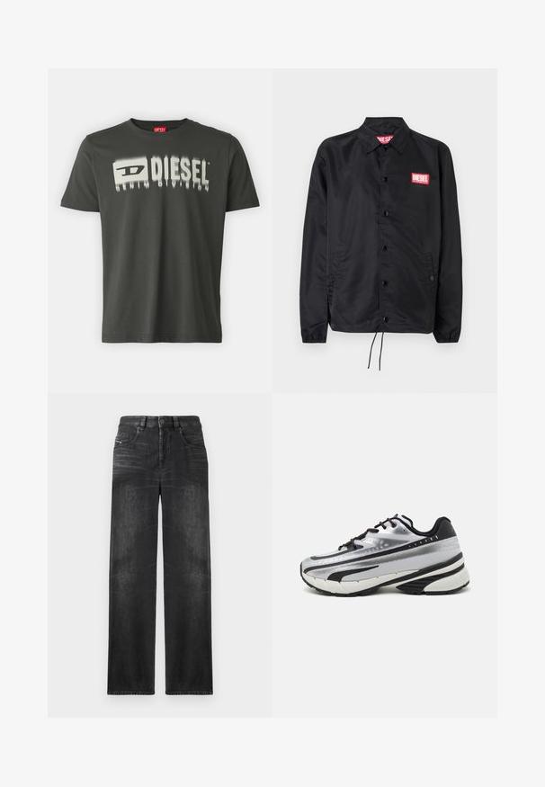 Černá bunda z hladkého, lehkého materiálu, s knoflíkovou přední částí, elastickými manžetami, bočními kapsami a červenou nášivkou Diesel logo.; Tmavě šedé bavlněné tričko s bílou grafikou s nápisem "DIESEL" s rozmazaným efektem. Okrulý výstřih, krátké rukávy a běžný střih.; Černé džíny rovného střihu vyrobené z denimu, s pěti kapsami, poutky na opasek a jemným vyblednutím na látce pro texturu.; Běžecká obuv s vrchní částí z stříbrné síťoviny, černými akcenty a bílou podrážkou. Disponuje texturovaným vzorem a černými tkaničkami. Lehká a odpružená.