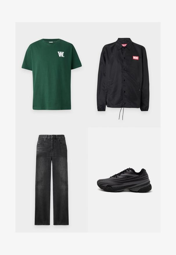 Musta takki, joka on valmistettu sileästä, kevyestä materiaalista. Takissa on nappiaukko, joustavat hihansuut, sivutaskut ja punainen Diesel-logo-patch.; Vihreä puuvillapaita, jossa on pyöreä kaula-aukko ja lyhyet hihat, vasemmassa rinnassa valkoinen "W"-logo. Yksinkertainen muotoilu, ei kuvioita.; Mustat suoralahkeiset farkut, jotka on valmistettu denimestä, viidellä taskulla, vyölenkeillä ja ohenneilla alueilla kankaan rakenteen vuoksi.; Mustat juoksukengät, joissa on tekstuuri päällä ja harmaat raidat. Paksu pohja pehmustetta varten, pyöreä varvasosa ja tasaiset nauhat turvallista istuvuutta varten.