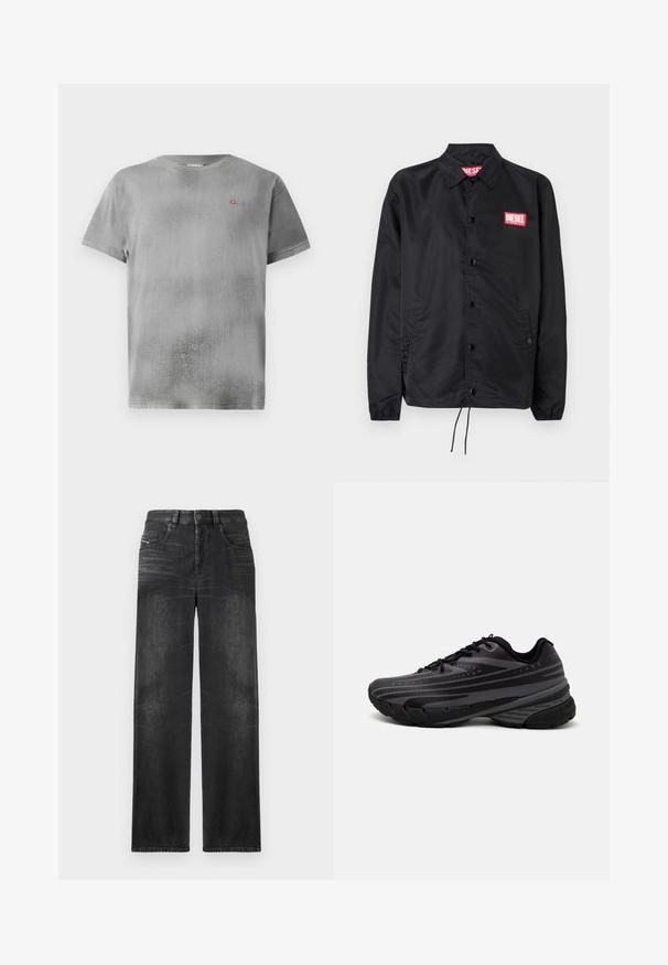 Musta takki, joka on valmistettu sileästä, kevyestä materiaalista. Takissa on nappiaukko, joustavat hihansuut, sivutaskut ja punainen Diesel-logo-patch.; Harmaa lyhythihainen t-paita, jossa on teksturoitu pinta. Vasemmassa rinnassa on pieni punainen logo. Yksinkertainen pyöreä kaula-aukko ja suora helma.; Mustat suoralahkeiset farkut, jotka on valmistettu denimestä, viidellä taskulla, vyölenkeillä ja ohenneilla alueilla kankaan rakenteen vuoksi.; Mustat juoksukengät, joissa on tekstuuri päällä ja harmaat raidat. Paksu pohja pehmustetta varten, pyöreä varvasosa ja tasaiset nauhat turvallista istuvuutta varten.