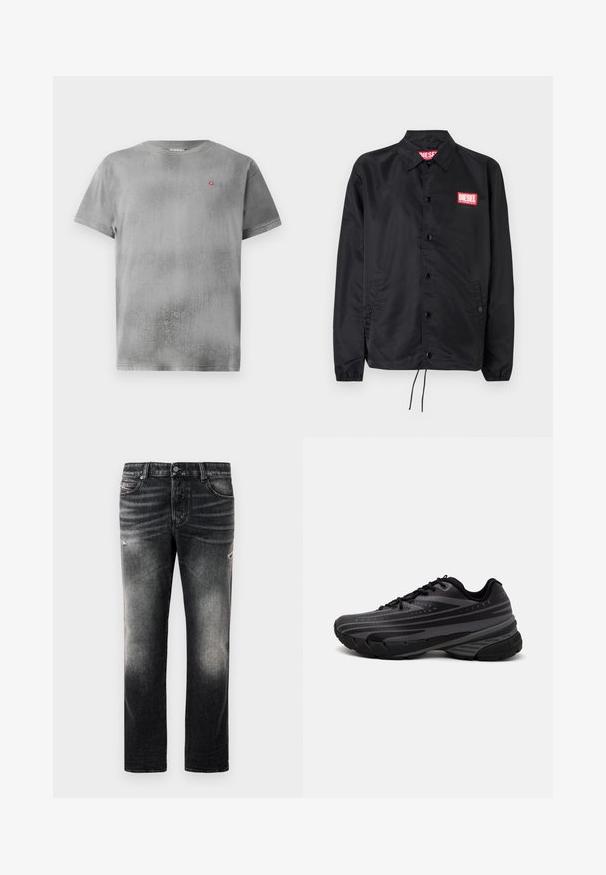 Černá bunda z hladkého, lehkého materiálu, s knoflíkovou přední částí, elastickými manžetami, bočními kapsami a červenou nášivkou Diesel logo.; Šedé tričko s krátkým rukávem a texturovaným povrchem. Obsahuje malé červené logo na levé části hrudi. Jednoduchý kulatý výstřih a rovný lem.; Černé džíny s vybledlým vzhledem a odřenými detaily, standardní design s pěti kapsami a zipovým zapínáním. Vyrobeny z džínové látky.; Černá běžecká bota s texturovaným svrškem zdobeným šedými pruhy. Silná podešev pro odpružení, kulatá špička a ploché tkaničky pro bezpečné uchycení.