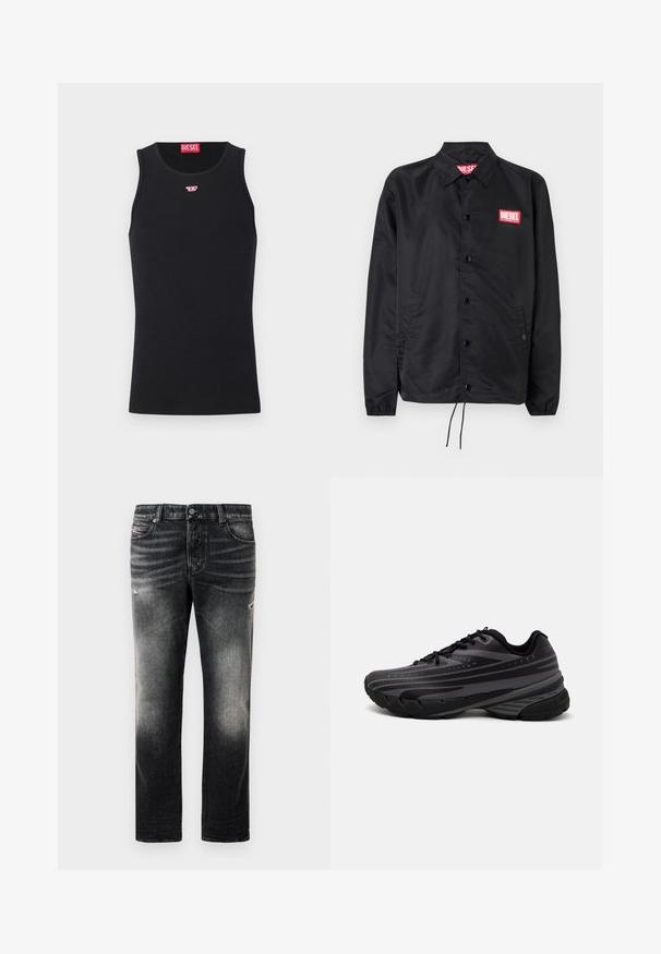 Černá bunda z hladkého, lehkého materiálu, s knoflíkovou přední částí, elastickými manžetami, bočními kapsami a červenou nášivkou Diesel logo.; Černý top bez rukávů vyrobený z hladké tkaniny, s kulatým výstřihem, výstřihy pro paže a malým červeným logem na hrudi. Jednoduchý design, bez rukávů.; Černé džíny s vybledlým vzhledem a odřenými detaily, standardní design s pěti kapsami a zipovým zapínáním. Vyrobeny z džínové látky.; Černá běžecká bota s texturovaným svrškem zdobeným šedými pruhy. Silná podešev pro odpružení, kulatá špička a ploché tkaničky pro bezpečné uchycení.