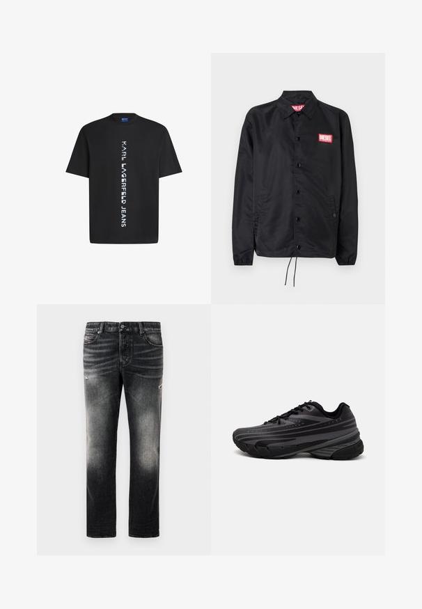 Crna jakna od glatkog, laganog materijala, s prednjim kopčanjem na dugmad, elastičnim manžetama, bočnim džepovima i crvenim Diesel logotipom.; Crna pamučna majica s vertikalnim bijelim natpisom "KARL LAGERFELD JEANS." Klasičan okrugli izrez i kratki rukavi. Glatka tekstura.; Crne traperice s izblijedjelim finišom i istrošenim detaljima, standardnim dizajnom s pet džepova i zatvaračem. Izrađene od traper tkanine.; Crna tenisica za trčanje s teksturiranim gornjim dijelom koji ima sive pruge. Debeli potplat za amortizaciju, okrugli vrh i ravne vezice za sigurno pristajanje.