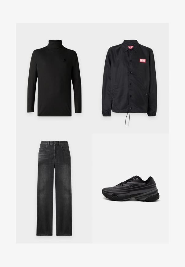 Must must, misasest kergest ja siledast materjalist, nupuvälinge, elastsete mansettide, küljetaskute ning punase Diesel logo plaastriga.; Must mustaga pikend varrukatega turtleneck särk, millel on väike diskreetne logo vasaku rinna ülaservas, esitletud lihtsal valgel taustal.; Mustad sirgedega teksad, millel on viis taskut, vööst sõlmimiskohad ja õrn kulumine kangas, andes tekstuuri.; Mustad musta jooksujalats, mille tekstureeritud ülemine osa on hallide triipudega. Paks tallaga mugavuse tagamiseks, ümar varvas ja tasased paelad kindla istuvuse saavutamiseks.