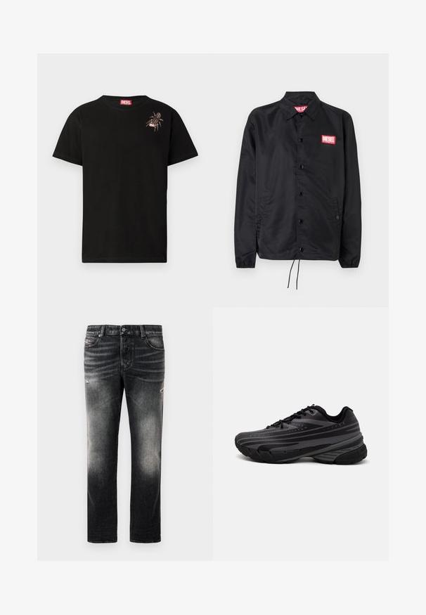 Musta takki, joka on valmistettu sileästä, kevyestä materiaalista. Takissa on nappiaukko, joustavat hihansuut, sivutaskut ja punainen Diesel-logo-patch.; Mustan puuvillan t-paita lyhyillä hihoilla, jossa on koristeellinen hämähäkkikuvio vasemmassa rinnassa ja punainen Diesel-logoetiketti kaula-aukossa.; Mustat farkut, joissa on haalistunut pinta ja kulutettuja yksityiskohtia, tavallinen viisi-taskuinen malli ja vetoketjusulku. Valmistettu farkkukankaasta.; Mustat juoksukengät, joissa on tekstuuri päällä ja harmaat raidat. Paksu pohja pehmustetta varten, pyöreä varvasosa ja tasaiset nauhat turvallista istuvuutta varten.