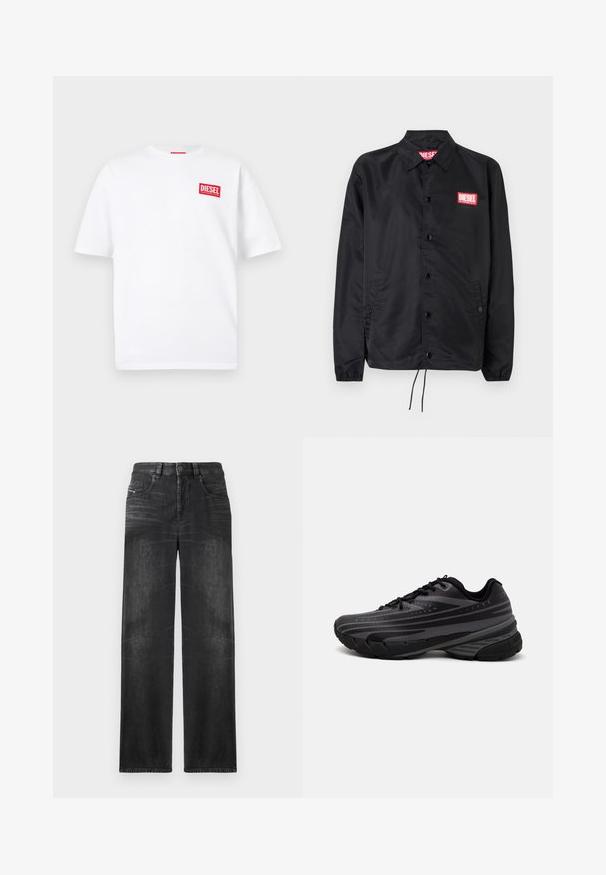 Čierna bunda vyrobená z hladkého, ľahkého materiálu, s predným zapínaním na gombíky, elastickými manžetami, bočnými vreckami a červeným logom Diesel na nášivke.; Biela bavlnená tričko s krátkymi rukávmi, s červeným obdĺžnikovým štítkom s textom "DIESEL" na ľavej strane hrudníka.; Čierne rovné džínsy z denimu, s piatimi vreckami, pútkami na opasok a jemným vyblednutím na látke pre textúru.; Čierna bežecká obuv s textúrovaným zvrškom, ktorý má šedé pruhy. Hrubá podrážka pre odpruženie, okrúly špička a ploché šnúrky na bezpečné uchytenie.