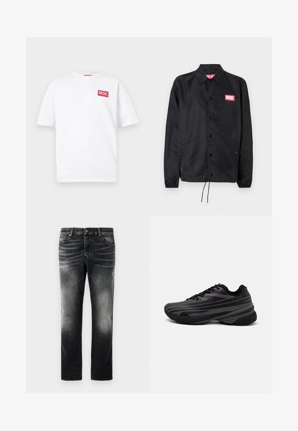 Black jacket made of smooth, lightweight material, featuring a button front, elastic cuffs, side pockets, and a red Diesel logo patch.; White cotton t-shirt with short sleeves, featuring a red rectangular label with "DIESEL" text on the left chest area.; Black jeans featuring a faded finish with distressed accents, standard five-pocket design, and a zip-fly closure. Made of denim fabric.; Black running shoe with a textured upper featuring gray stripes. Thick sole for cushioning, round toe, and flat laces for secure fit.