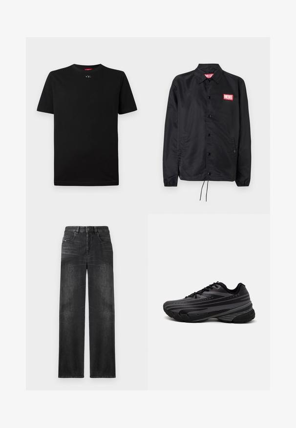 Svart jakke laget av glatt, lett materiale, med knappelukking, elastiske mansjetter, sidelommer og en rød Diesel-logo-patch.; Svart t-skjorte laget av bomull med korte ermer, rund hals og en liten dekorativ detalj ved kragen. Glatt tekstur, uten mønster.; Sorte jeans med rett ben i denim, med fem lommer, beltehemper, og subtil fading på stoffet for tekstur.; Svarte joggesko med en teksturert overdel som har grå striper. Tykk såle for demping, rund tå og flate snører for en sikker passform.