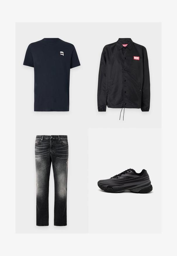 Musta takki, joka on valmistettu sileästä, kevyestä materiaalista. Takissa on nappiaukko, joustavat hihansuut, sivutaskut ja punainen Diesel-logo-patch.; Tummansininen puuvillapaita lyhyillä hihoilla, pyöreällä kauluksella ja rinnassa pieni valkoinen graafinen kuva henkilöstä aurinkolasit päässä.; Mustat farkut, joissa on haalistunut pinta ja kulutettuja yksityiskohtia, tavallinen viisi-taskuinen malli ja vetoketjusulku. Valmistettu farkkukankaasta.; Mustat juoksukengät, joissa on tekstuuri päällä ja harmaat raidat. Paksu pohja pehmustetta varten, pyöreä varvasosa ja tasaiset nauhat turvallista istuvuutta varten.